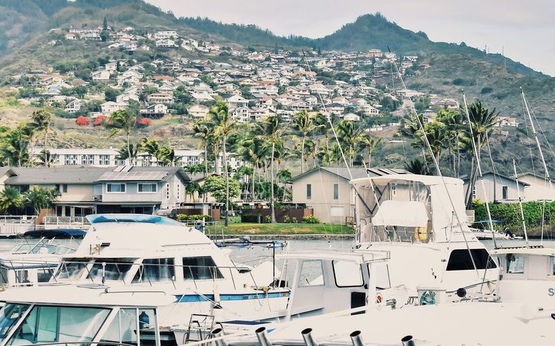 Powerboats and sportfishers docked in an Oahu marina below green hillside homes, Hawaii