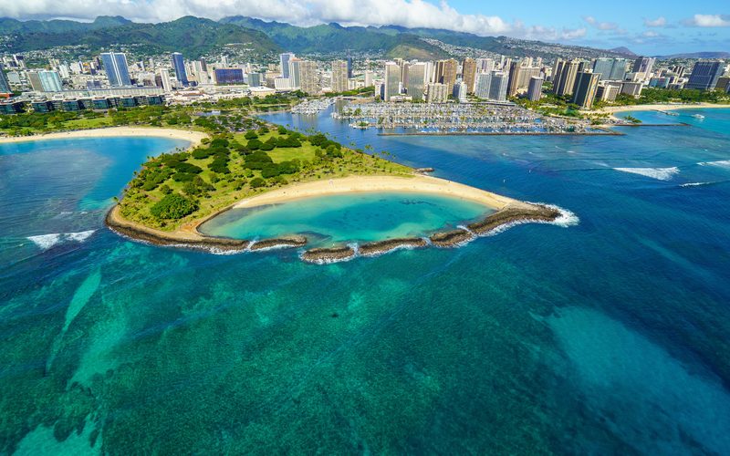 Aerial of Ala Wai Harbor, Magic Island and the Honolulu skyline, Oahu, Hawaii